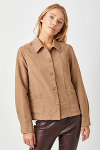 Suede Button Down Shacket in Latte