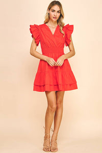 Surplice Bodice Mini Dress in Tomato Red