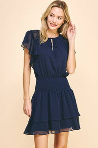 Chiffon Short Sleeve Mini Dress in Navy