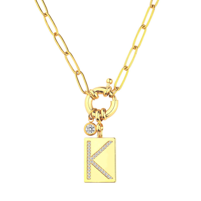 K Initial Necklace with Paperclip Chain: 18k Gold Plated