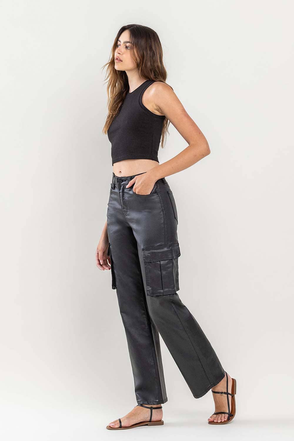 High Rise Coated Cargo Jeans