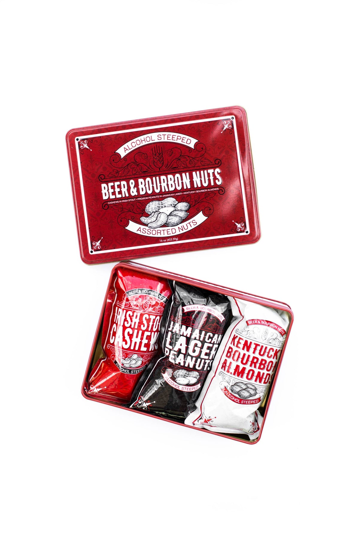 Beer and Bourbon Liquor Nuts Gourmet Gift Tin