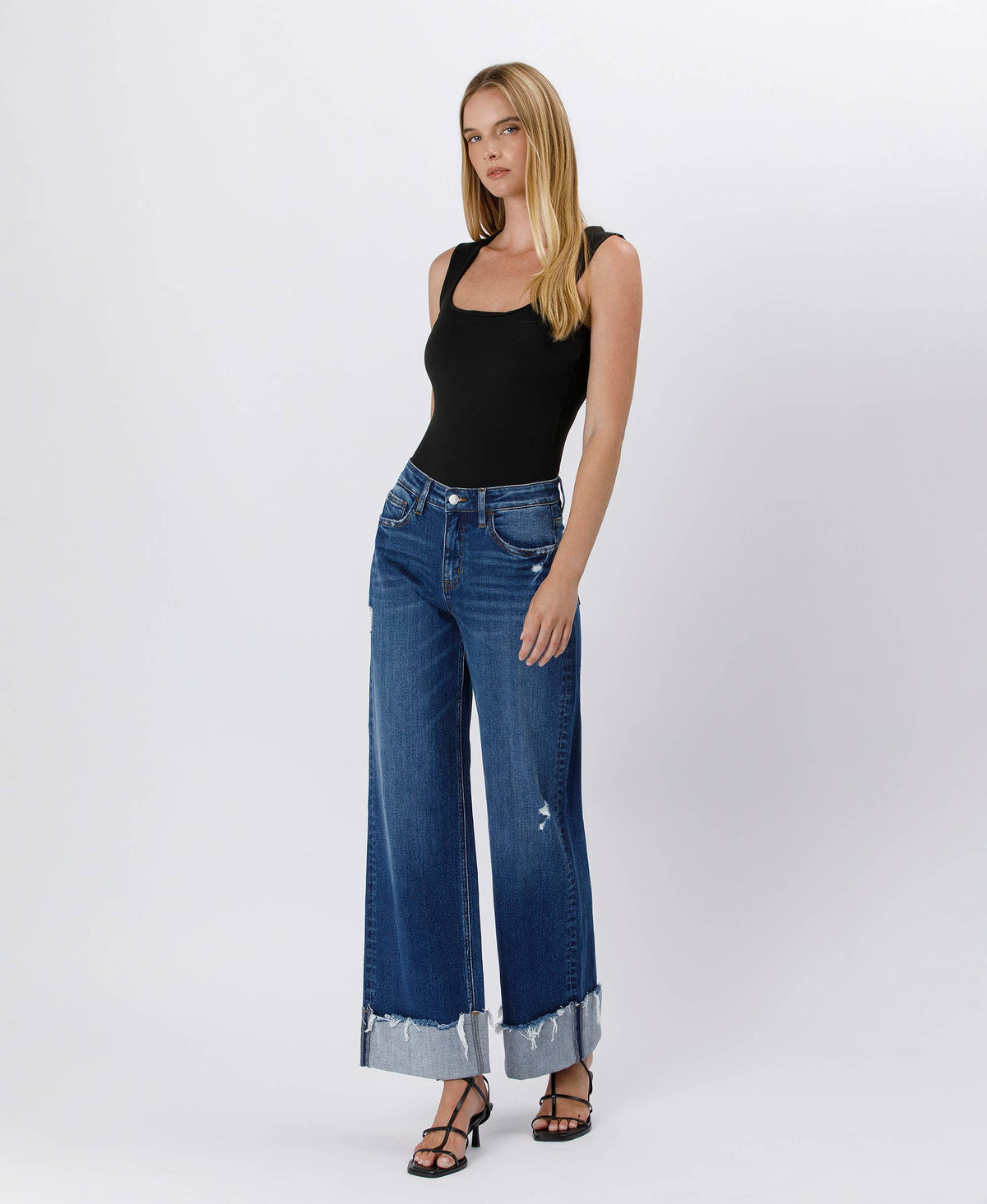 High Rise Cuffed Baggy Jeans in Blue Stream