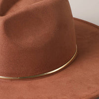 Gold Belt Wide Flat Brim Suede Fedora Hat in Brown