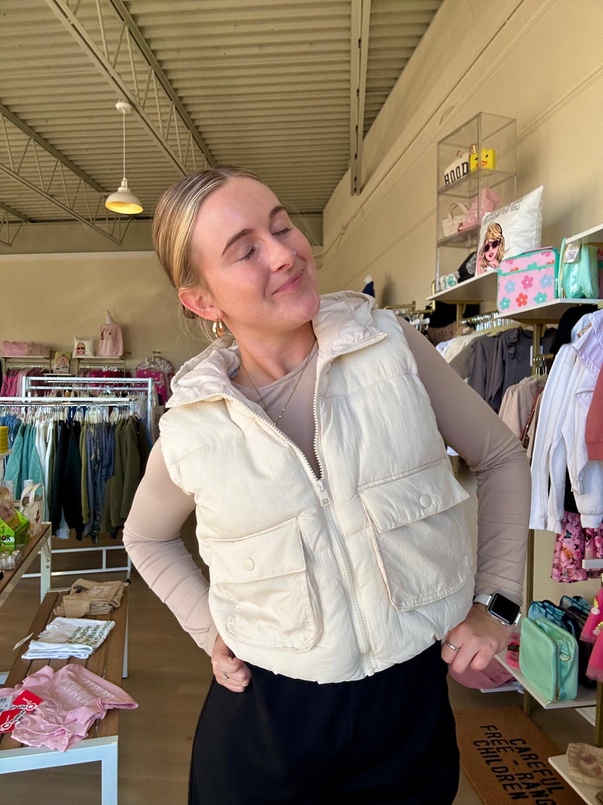 Hooded Zip Up Mini Vest in Cream