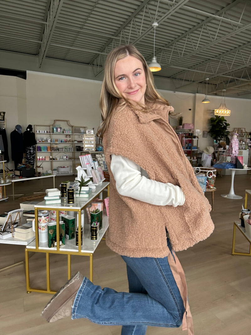 Button Up Teddy Fleece Vest in Taupe