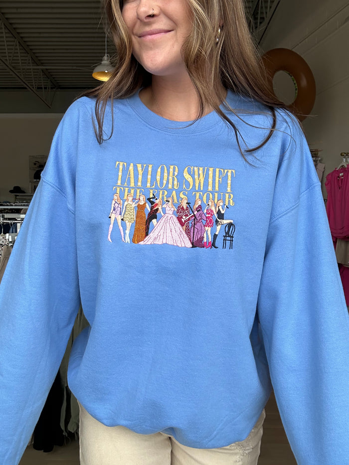 Taylor Swift Eras Tour Embroidered Crewneck in Carolina Blue