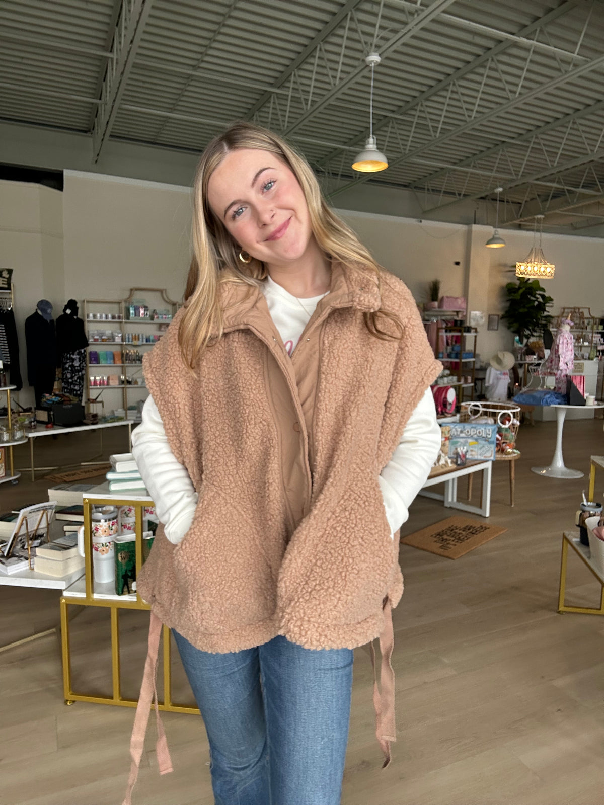 Button Up Teddy Fleece Vest in Taupe