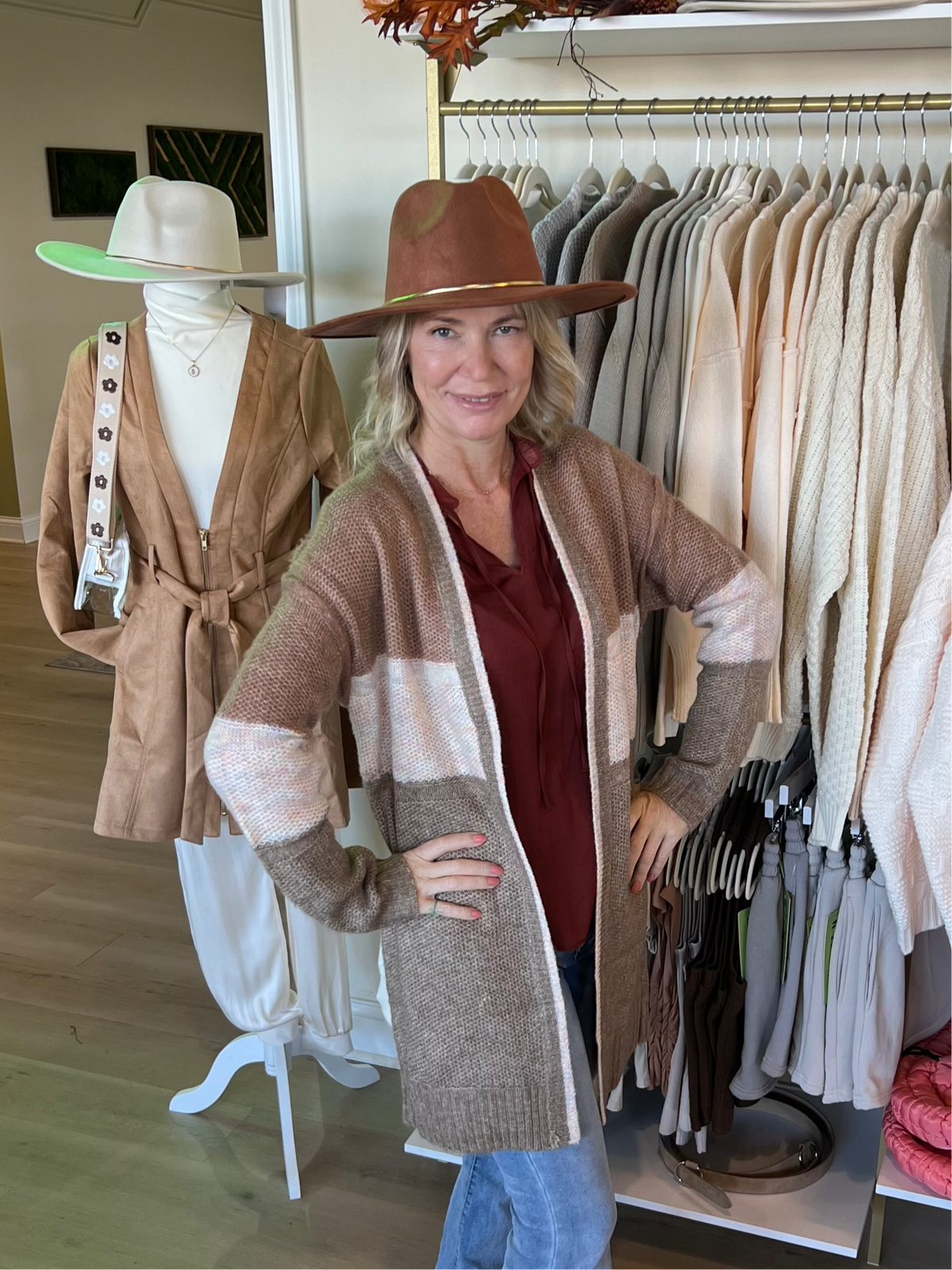 Gold Belt Wide Flat Brim Suede Fedora Hat in Brown