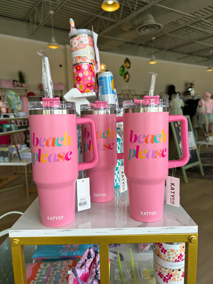 Pink Beach Please Tumbler Cup w/ Handle