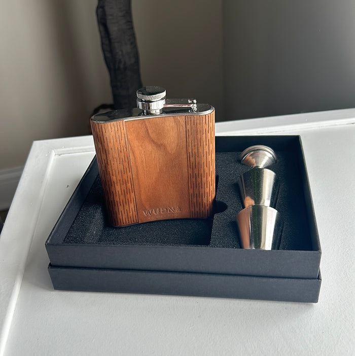 Real Wooden 6 oz. Hip Flask in Premium Gift Box with Shot Glasses & Funnel