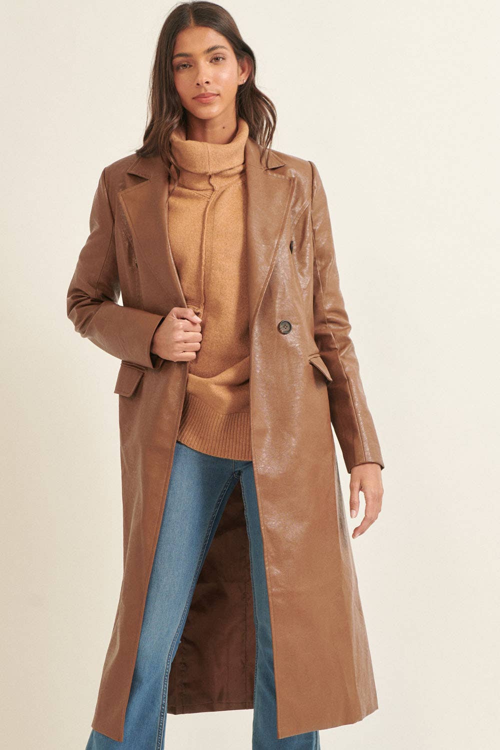 Faux Leather Midi Coat