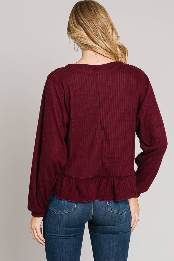 Ruffle Hem Rib Knit Top in Burgundy