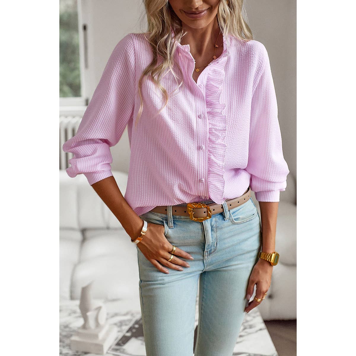 French Stripe Ruffle Trim Blouse in Pink