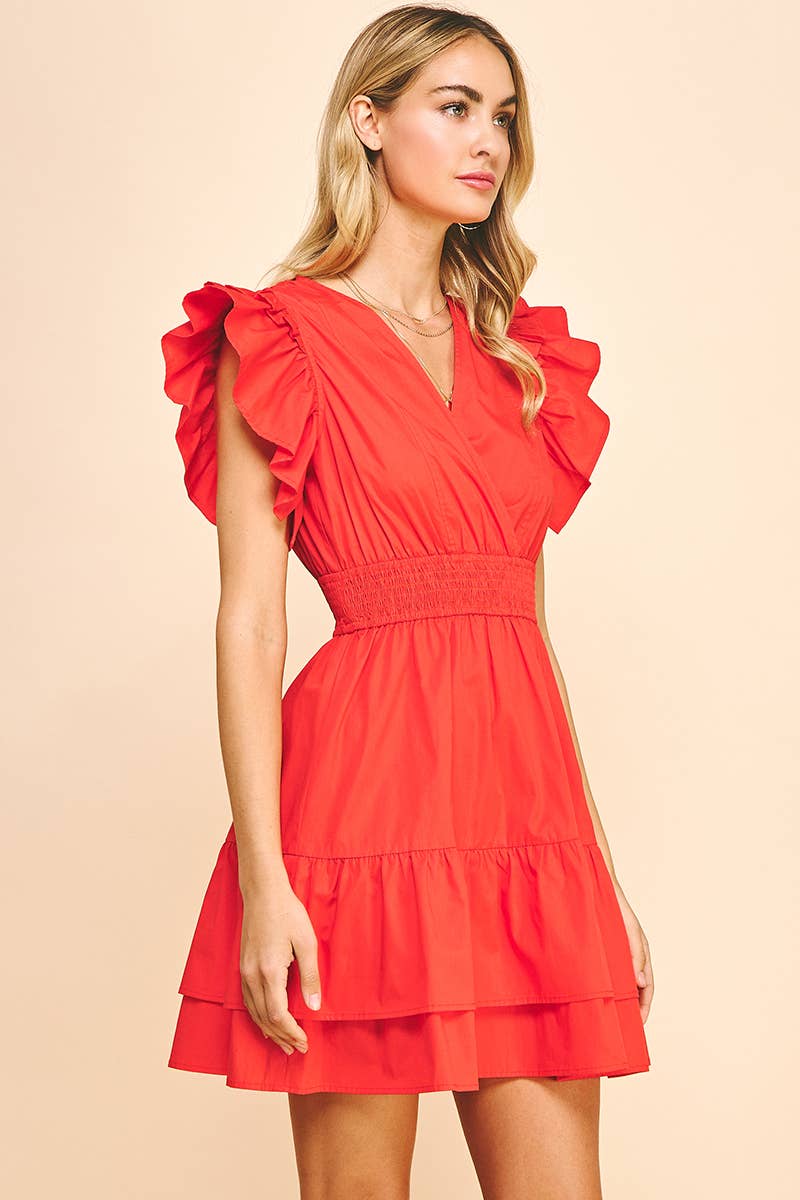 Surplice Bodice Mini Dress in Tomato Red