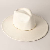 Gold Belt Wide Flat Brim Suede Fedora Hat in Stone