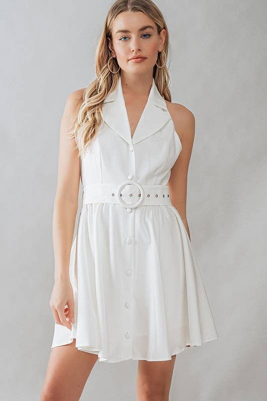 Halter Neck Button-Down Mini Dress in White