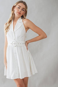 Halter Neck Button-Down Mini Dress in White