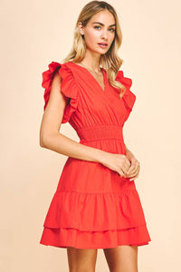 Surplice Bodice Mini Dress in Tomato Red