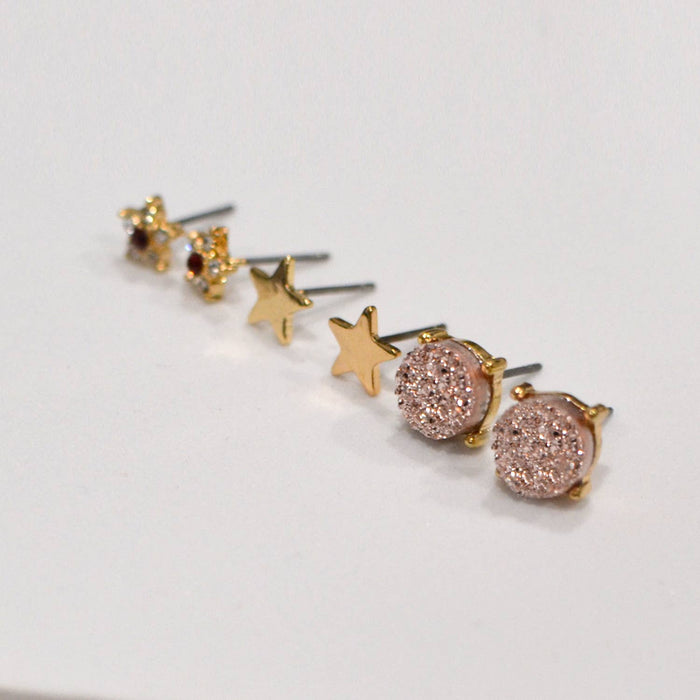 3 Pairs Small Stud Star with Stone/Metal Star/Druzy Earrings: Pink