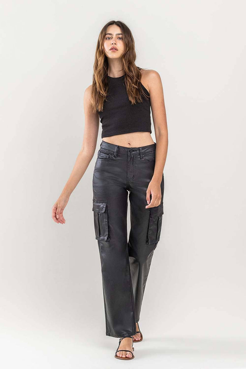 High Rise Coated Cargo Jeans