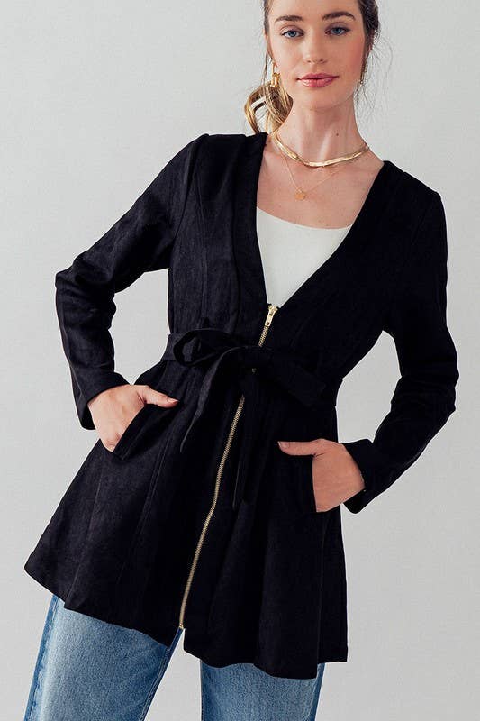 Soft Suede Tie Waist Jacket in Black