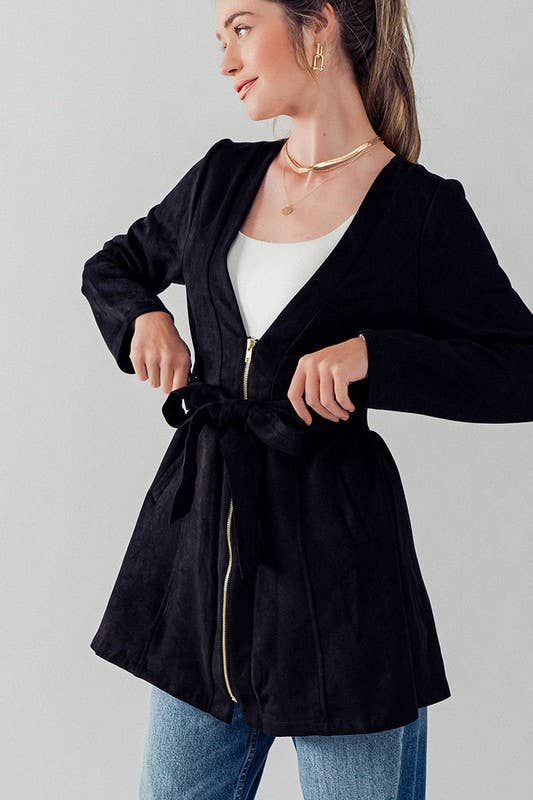 Soft Suede Tie Waist Jacket in Black