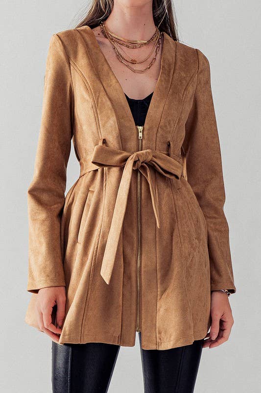 Soft Suede Tie Waist Jacket in Camel