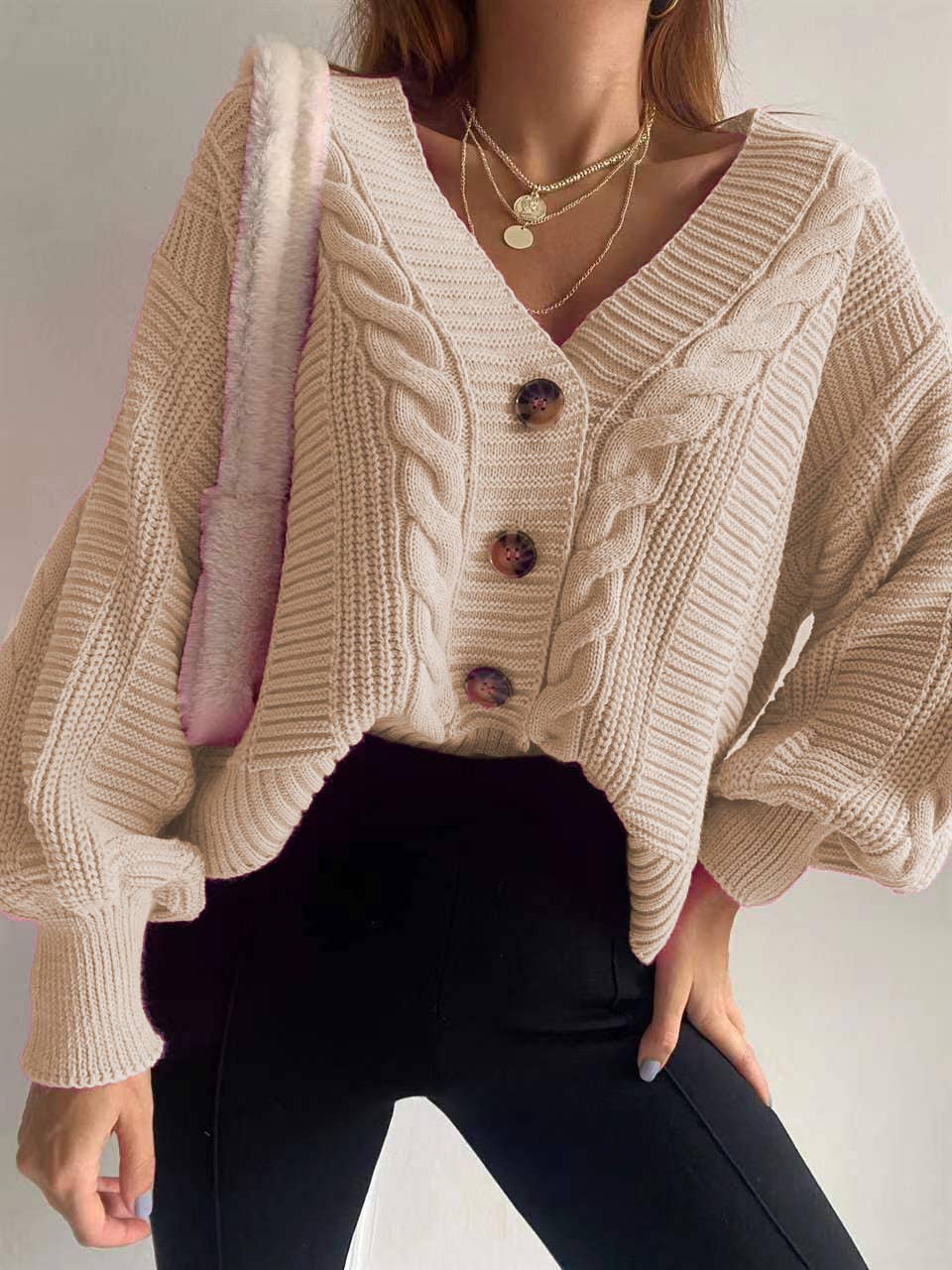 Knit Cardigan Sweater in Beige