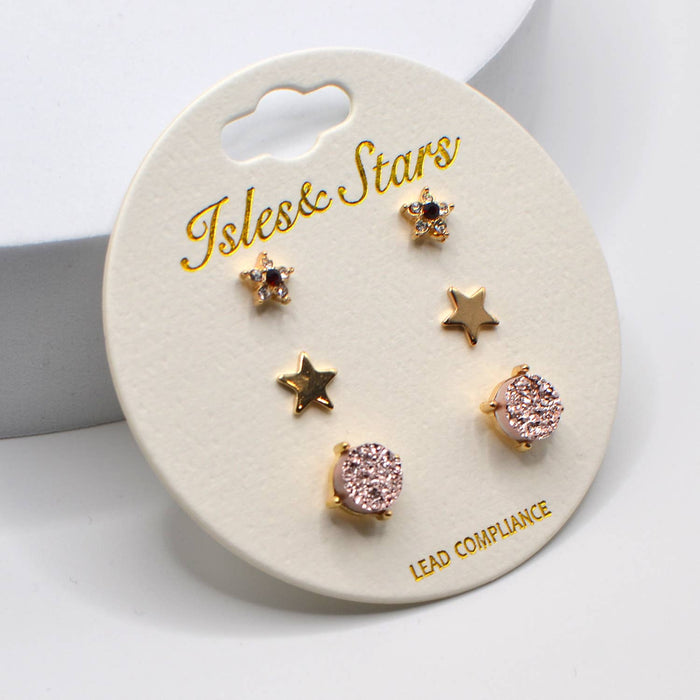 3 Pairs Small Stud Star with Stone/Metal Star/Druzy Earrings: Rose Gold