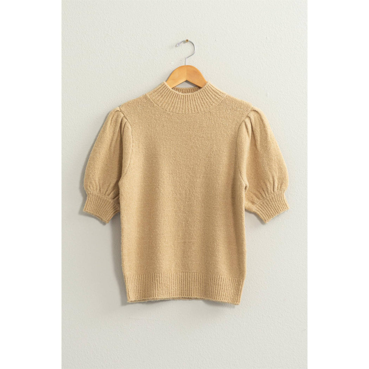 Short Sleeve Sweater With Puff Sleeves in Taupe