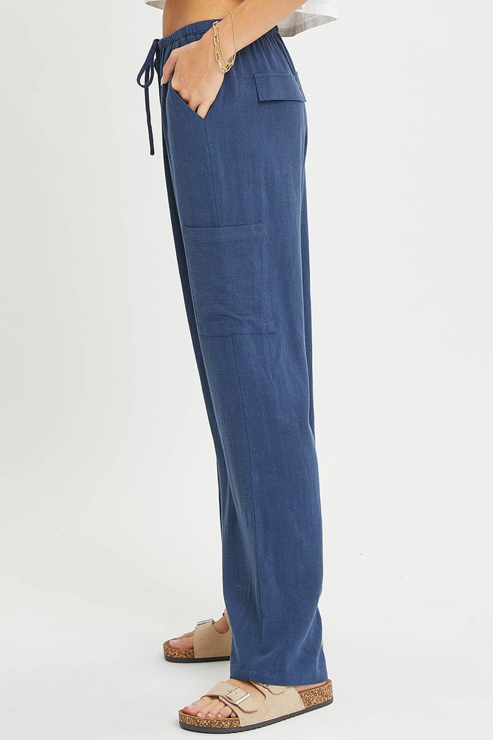 Linen Pull On Pants in Blue