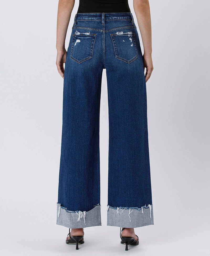 High Rise Cuffed Baggy Jeans in Blue Stream