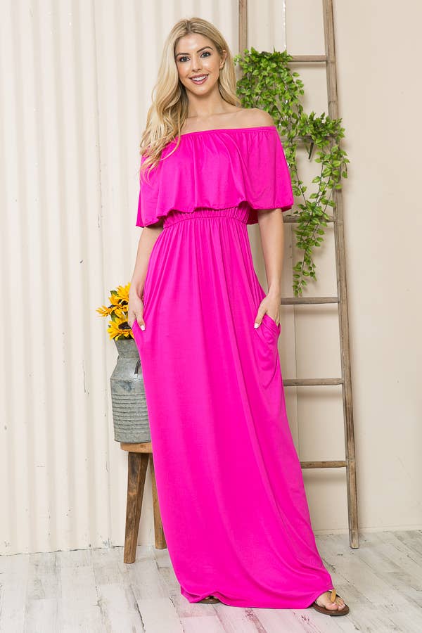 Off Shoulder Maxi Dress with Pocket in Fuchsia
