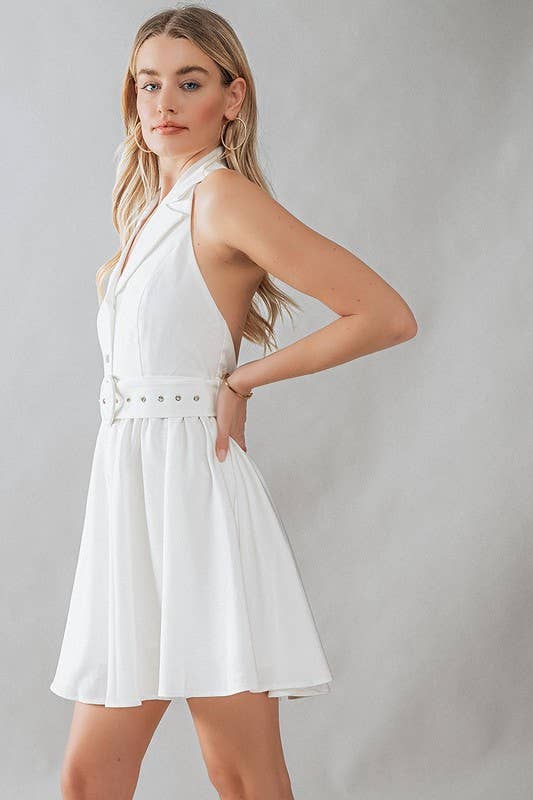 Halter Neck Button-Down Mini Dress in White