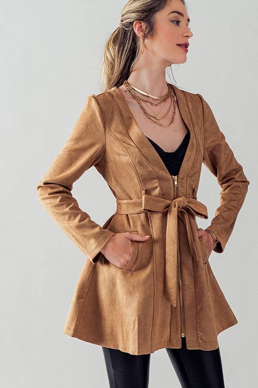 Soft Suede Tie Waist Jacket in Camel