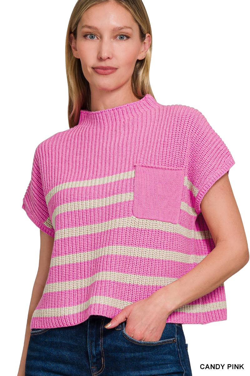 Short Sleeve Stripe Sweater in Candy Pink