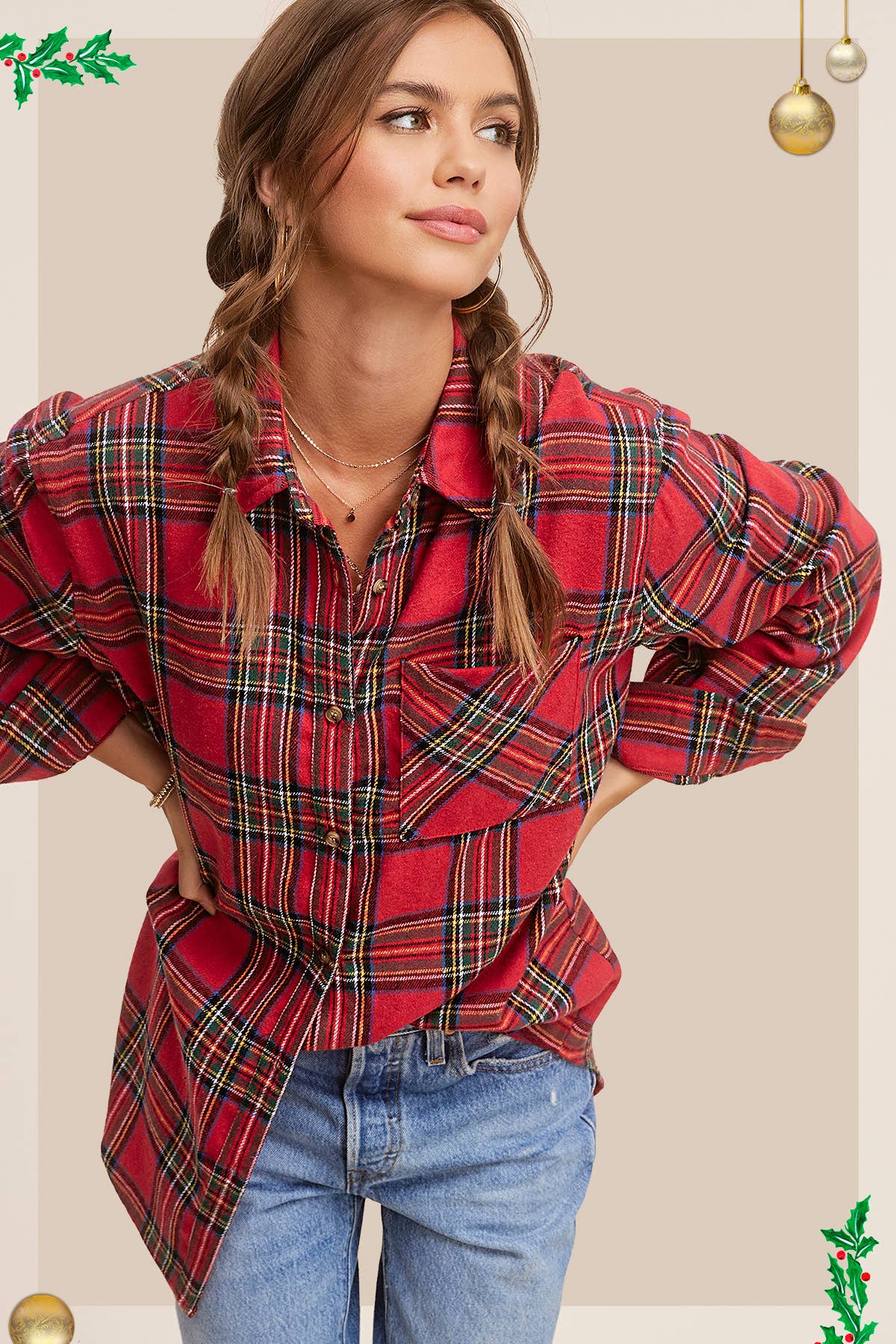 Oversized Plaid Shirt in Red Ribbon