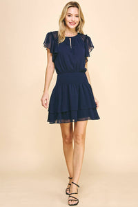 Chiffon Short Sleeve Mini Dress in Navy