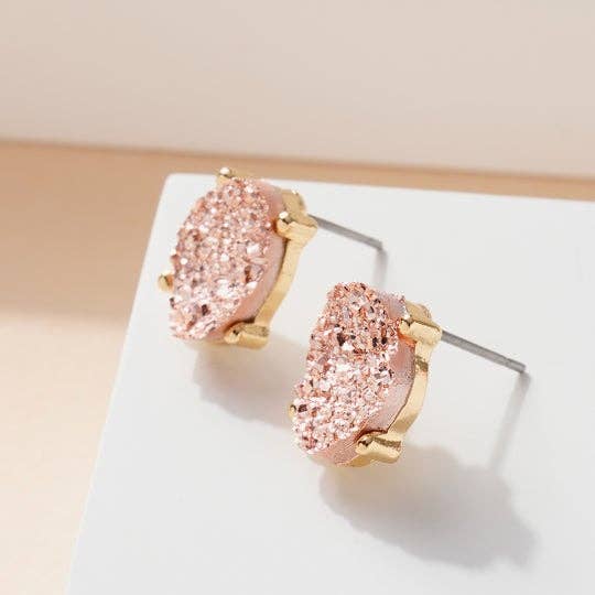 Druzy Sparkly Stone Crystals Stud Earrings: Rose Gold