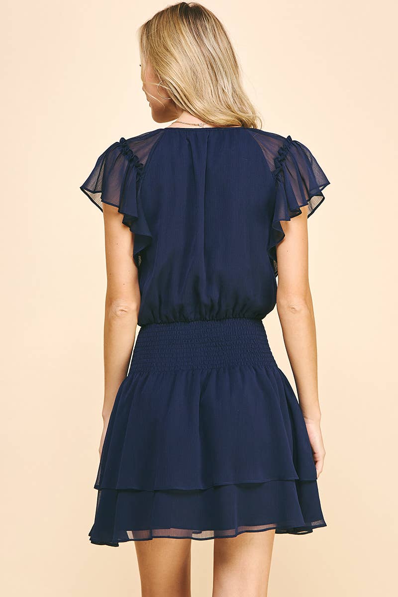 Chiffon Short Sleeve Mini Dress in Navy