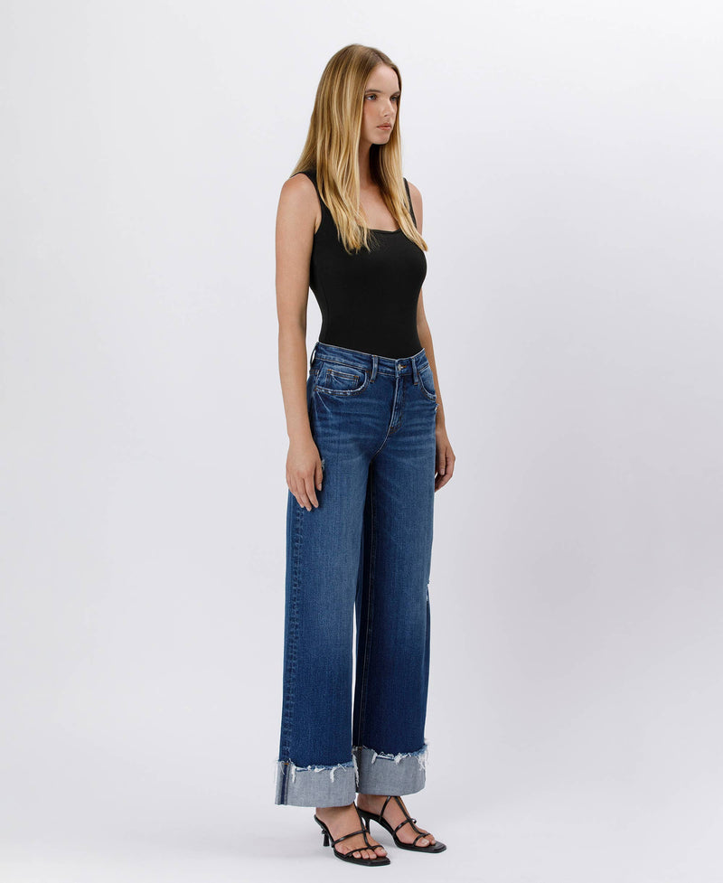 High Rise Cuffed Baggy Jeans in Blue Stream