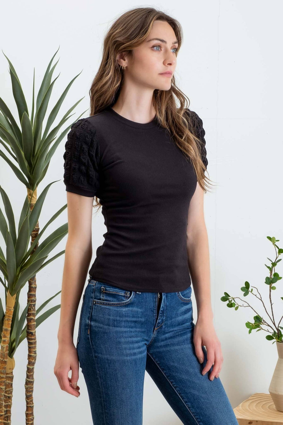 Popcorn Sleeve Knit Top in Black