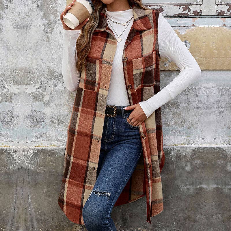 Retro Plaid Vest in Orange & Coffee