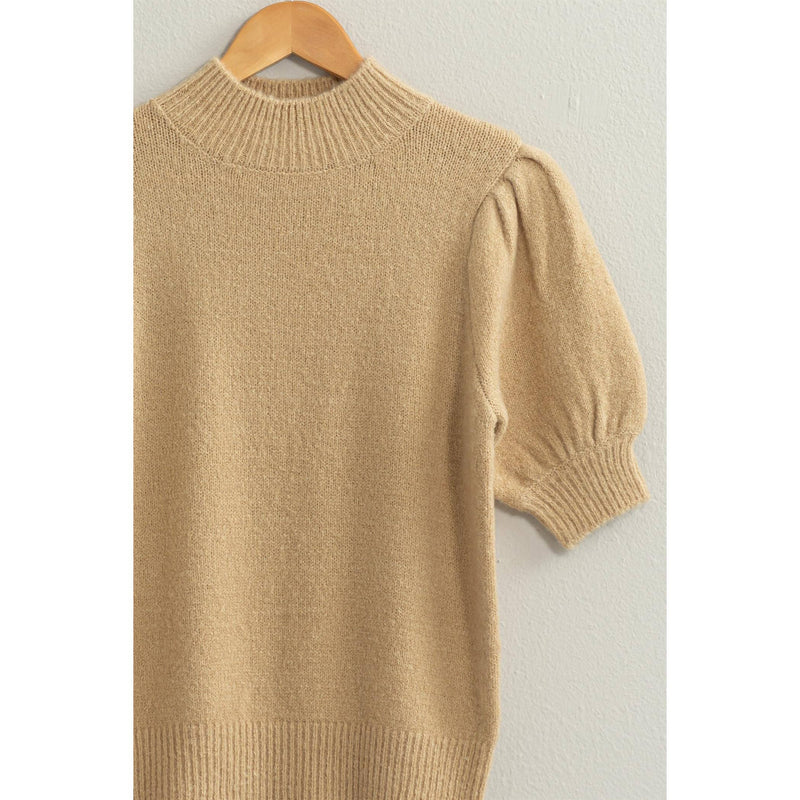 Short Sleeve Sweater With Puff Sleeves in Taupe