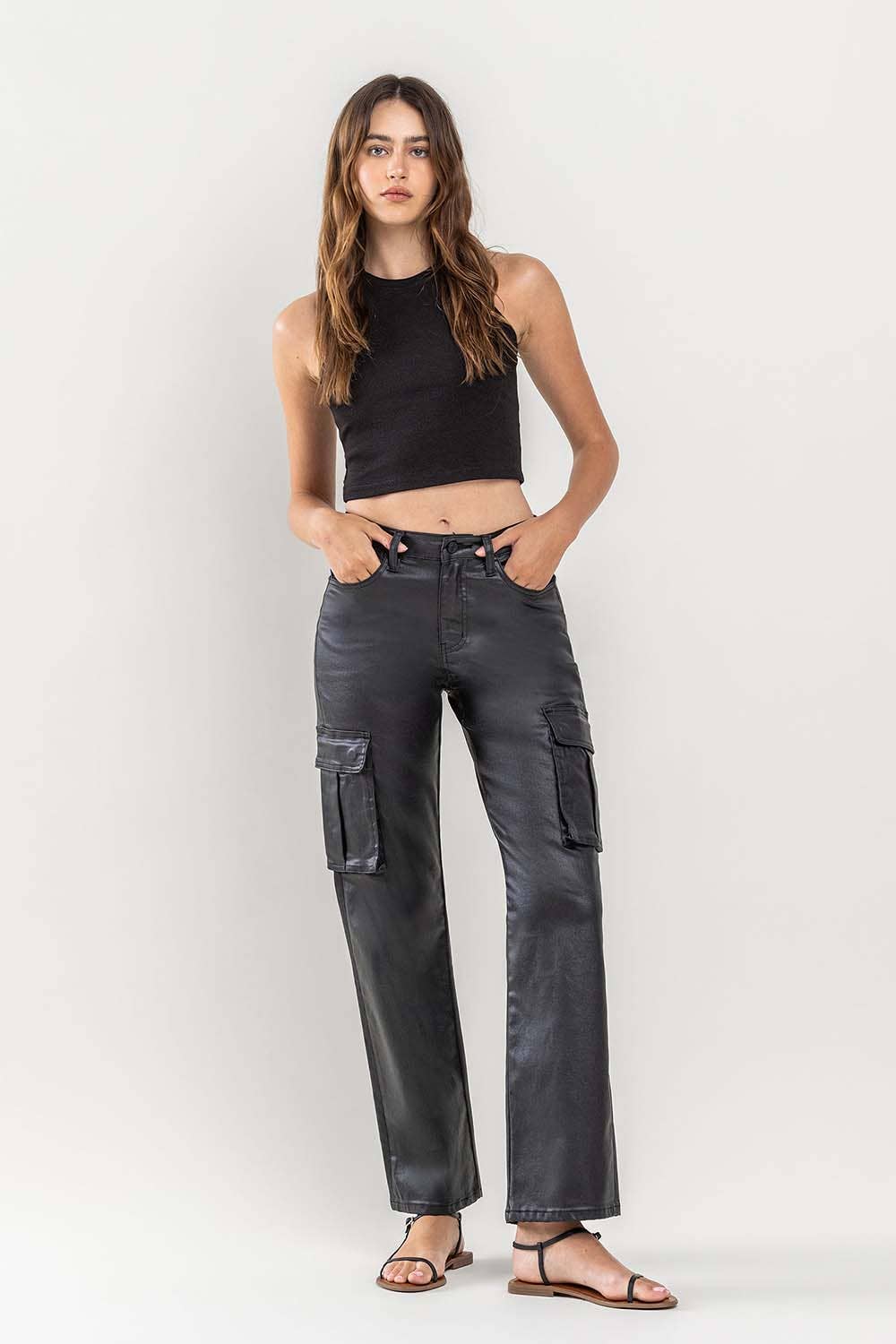 High Rise Coated Cargo Jeans