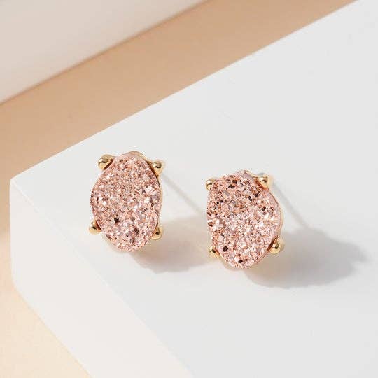 Druzy Sparkly Stone Crystals Stud Earrings: Rose Gold