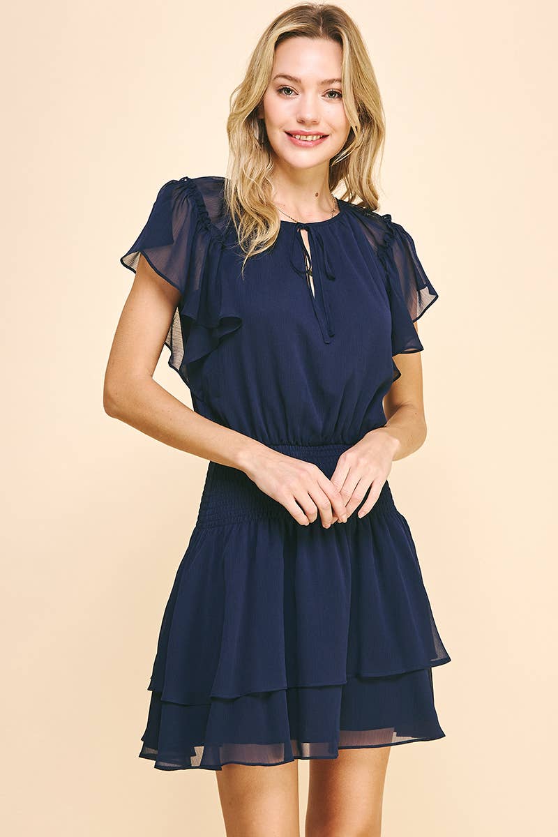 Chiffon Short Sleeve Mini Dress in Navy