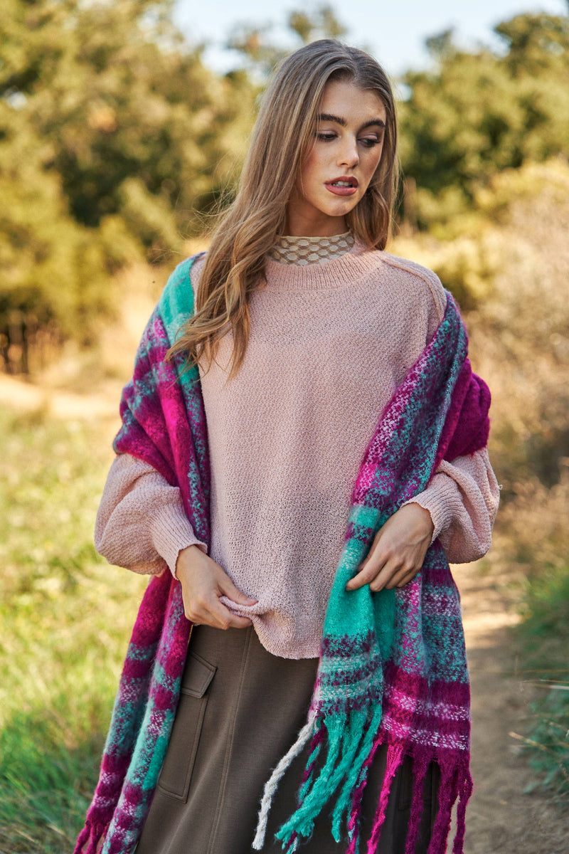 Magenta Mint Fuzzy Plaid Long Wrap Scarf