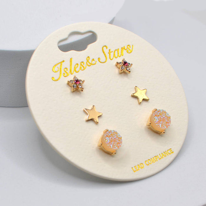 3 Pairs Small Stud Star with Stone/Metal Star/Druzy Earrings: Pink